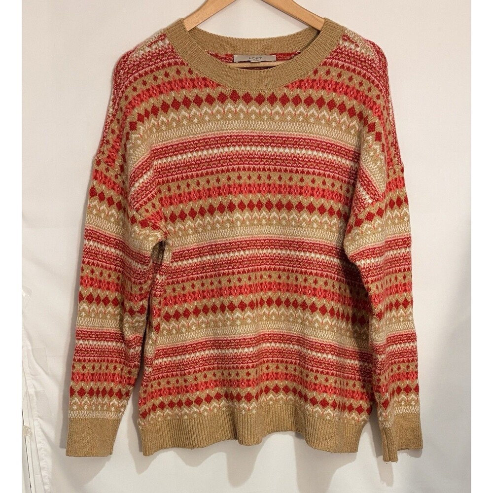 LOFT Fair Isle Sweater Women’s Large Pink/Red/Tan Nordic Geometric Knot Pullover